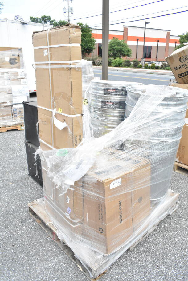 Pallet with 10 new scratch and dent items, includes overshelf, tabletop, and trash cans, wrapped in plastic.