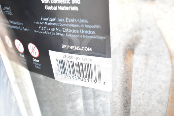 Barcoded label on metal surface, showing "STOCK NO. 1270K" by Behrens, includes usage and manufacturing information.