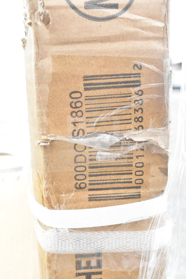 Cardboard box with visible wear, barcode "600DCS1860." Part of a lot of 10 new scratch and dent items, includes overshelf, tabletop, trash can.
