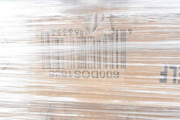 Pallet of 10 mixed items, wrapped in plastic, barcode visible. Includes overshelf, tabletop, trash can. New, scratch and dent.