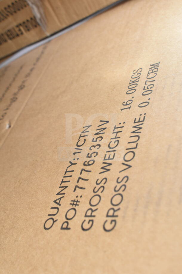 Cardboard box with printed details: Quantity 1/CTN, PO# 7776535NV, Gross Weight 16.00 KGS, Volume 0.057 CBM.