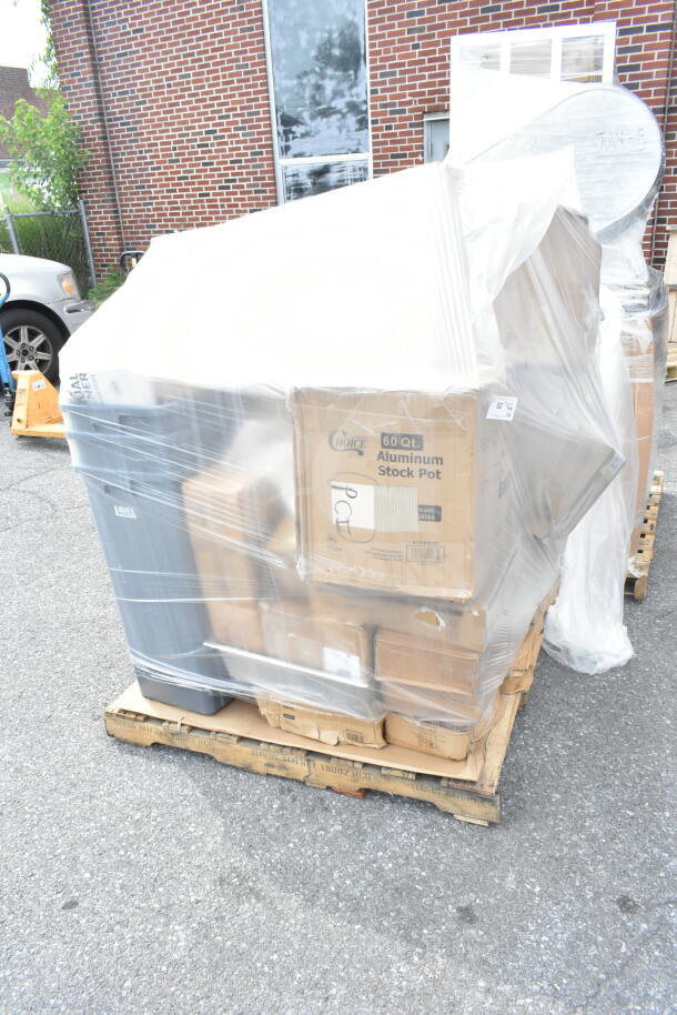 Pallet of scratch and dent kitchen items, including boxes labeled "60 Qt. Aluminum Stock Pot." Items wrapped in plastic.