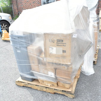 Pallet of scratch and dent kitchen items, including boxes labeled "60 Qt. Aluminum Stock Pot." Items wrapped in plastic.