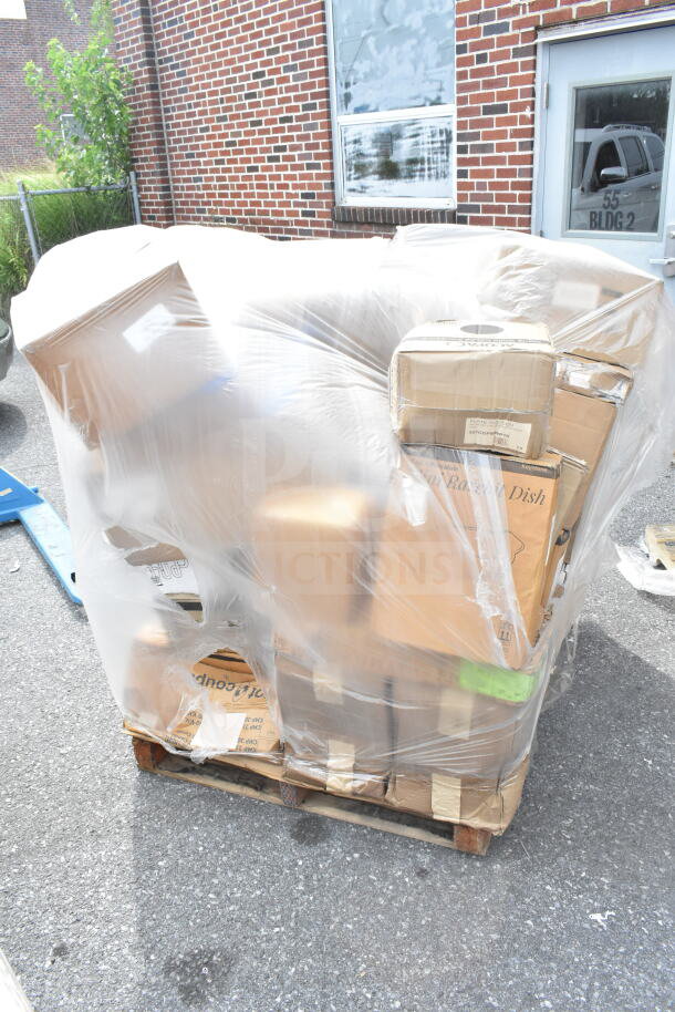 Pallet of 35 scratch and dent kitchen items, including plates, baking sheets, and filters, wrapped in clear plastic.