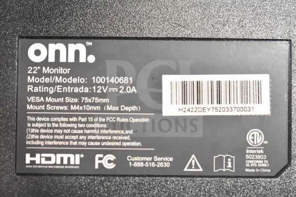 Onn 22" monitor label showing model 100140681, 12V input, VESA mount size 75x75mm. Includes HDMI and FCC logos.