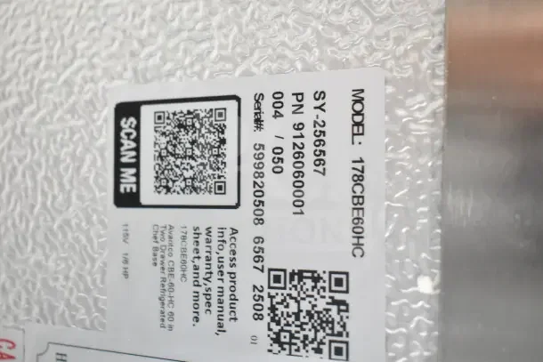 BRAND NEW Avantco 178CBE60HC Commercial 2 Drawer Chef Base. 115V, 1 Phase. Model and serial numbers visible.