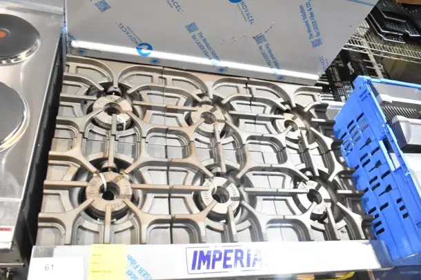 Brand new Imperial Range Pro Series IR-6-XB with 6 burners, 36" width, 192,000 BTU, visible "Imperial" label.