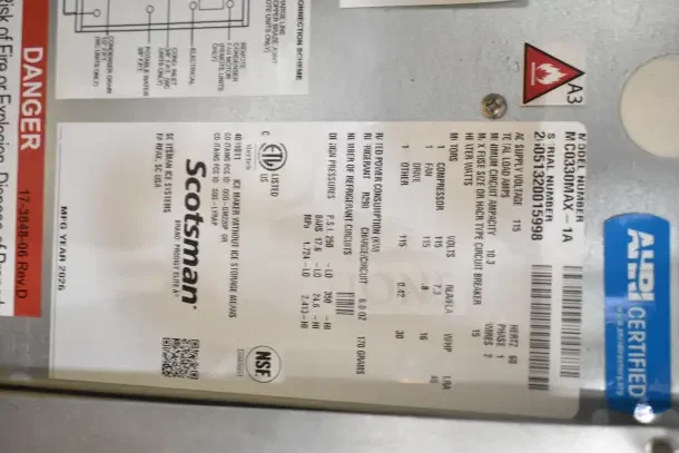Label on Scotsman MC0330MAX-1A, 400 lb. ice machine, 115V, 1 phase. Certified by AHRI, NSF, ETL. Brand new, 2026 model.