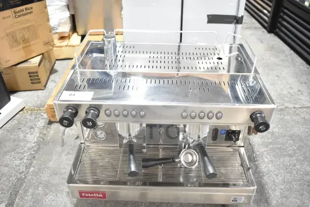 BRAND NEW Estella ECEM2/N2 Espresso Machine, two group, 3 portafilters, 220-240V, 1 phase. Scratch and dent condition.