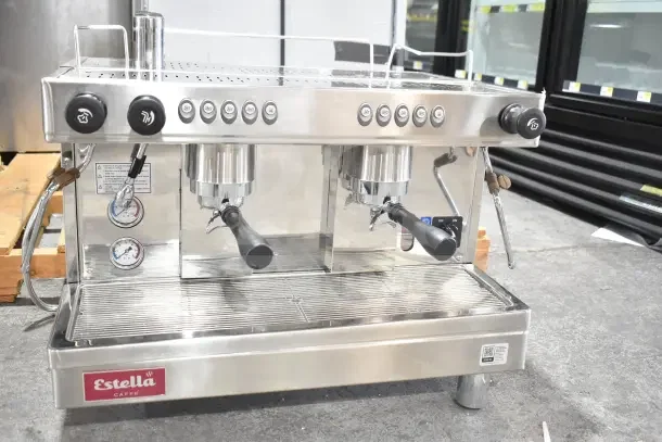 Estella ECEM2/N2 commercial espresso machine, brand new scratch and dent, two-group, with 3 portafilters, 220-240V.