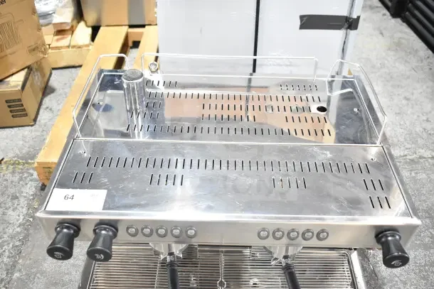 Brand new Estella ECEM2/N2 countertop espresso machine, dual group, includes 3 portafilters, 220-240V, seen as scratch and dent.