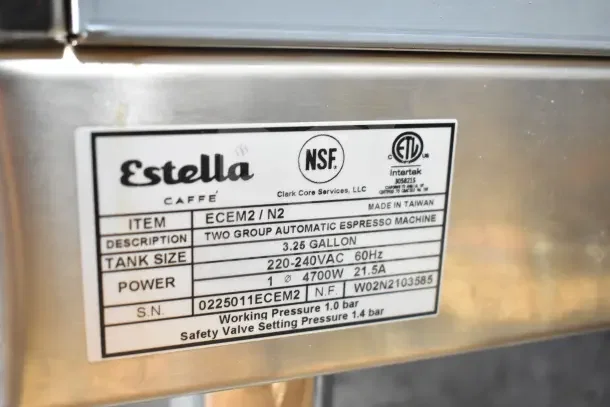 BRAND NEW Estella ECEM2/N2 Commercial Two Group Espresso Machine, 3 Portafilters, 220-240V 1 Phase, Scratch/Dent.