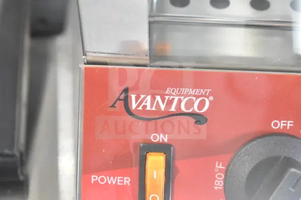 Avantco 177HDS200 hot dog steamer control panel with orange power switch, showing brand logo.