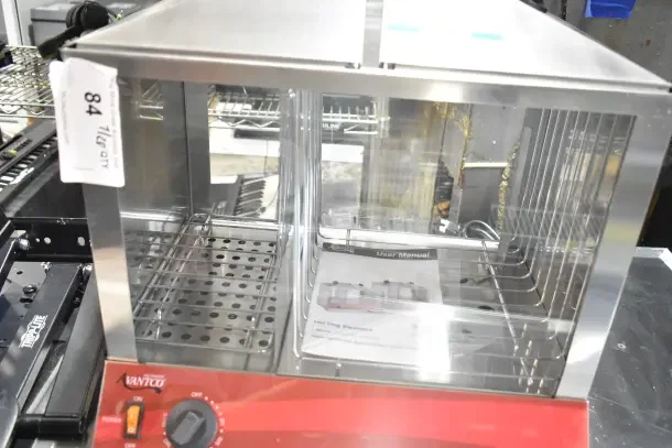 Brand new Avantco 177HDS200 hot dog steamer; holds 200 dogs, 48 buns. Stainless steel, visible user manual, 120V.