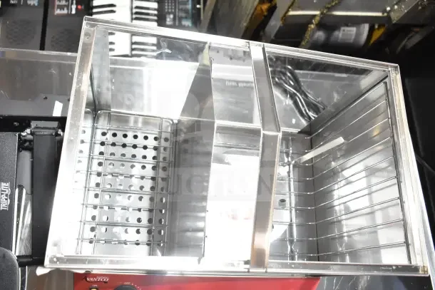 Brand new Avantco 177HDS200 hot dog steamer/merchandiser, holds 200 dogs/48 buns, scratch and dent, stainless steel.