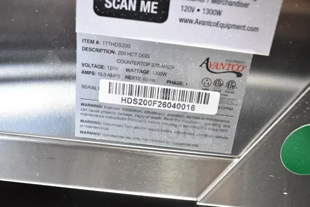 Avantco 177HDS200 Hot Dog Steamer label showing model, 120V, 1300W, 10.3 Amps, Phase 1. Serial HDS200F26040016.