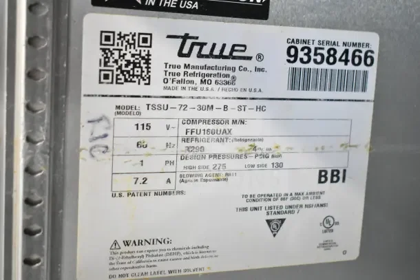Label showing details for True TSSU-72-30MB-ST-HC commercial sandwich salad prep table. Includes model, voltage, and refrigerant info.