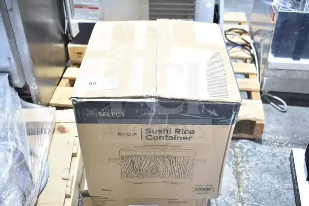 Emperor's Select 478ESC100W 100 Cup Insulated Sushi Rice Container in box, woodgrain finish, brand new with minor scratches and dents.