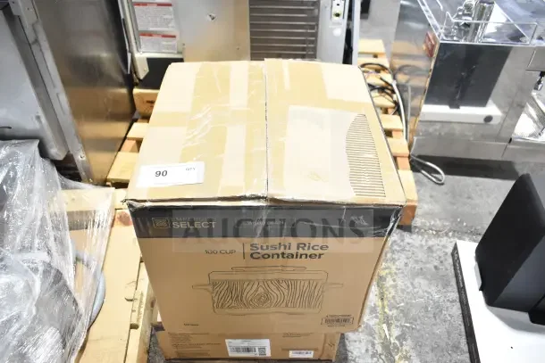 Boxed Emperor's Select 478ESC100W, 100 Cup Insulated Sushi Rice Container, woodgrain finish, new condition with minor box wear.