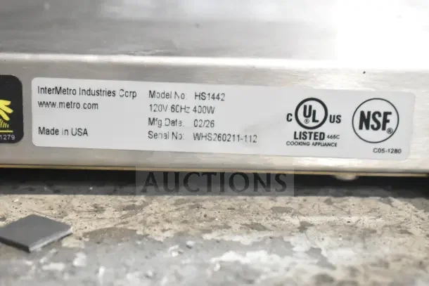 New Metro Super Erecta Hot HS1442 14"x42" stainless steel heated shelf, 120V, 1 phase, NSF certified, minor scratches.