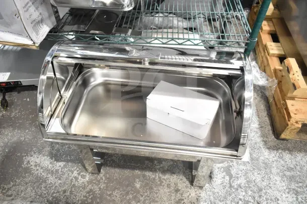 Brand new Choice Deluxe 8 Qt. full-size chrome accent roll top chafer, model 407RTCHROM, shown unpackaged.