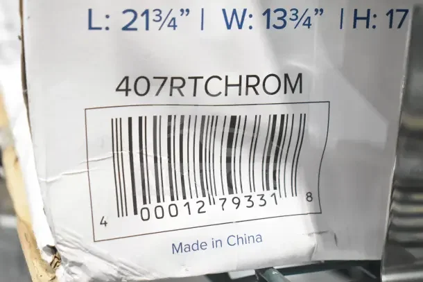 Barcode label for Choice 407RTCHROM Deluxe 8 Qt. Full Size Chrome Accent Roll Top Chafer with "Made in China."