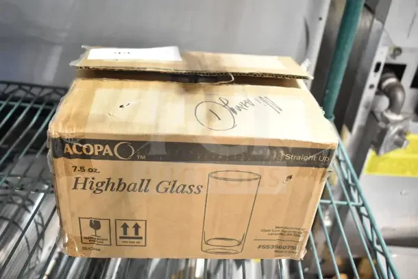 Box of Acopa Straight Up 7 oz. Highball Glasses, 12-pack, labeled scratch and dent, sealed, item #55356075H.