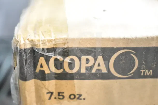 Acopa Straight Up 7 oz. Highball Glass, 12-pack, brand new with scratches. Cardboard box shows "Acopa" and "7.5 oz." markings.