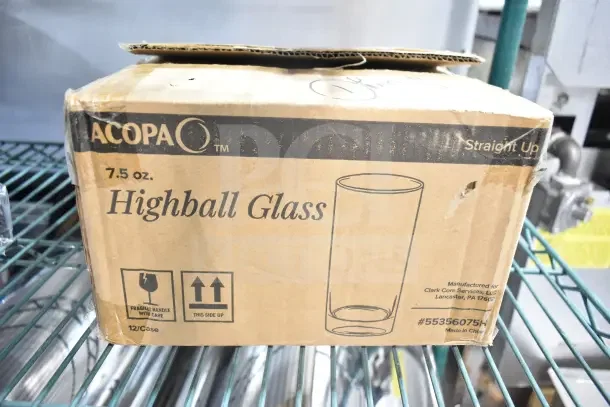 Acopa Straight Up 7 oz. Highball Glasses, 12-pack, brand new scratch and dent, item #55356075H, boxed packaging.
