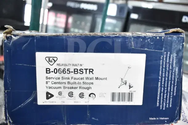 BRAND NEW SCRATCH AND DENT! T&S B-0665-BSTP Service Sink Faucet with built-in stops, vacuum breaker, lever handles; box shows minor damage.