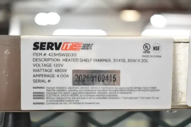 BRAND NEW 2026 ServIt 423HSW2030 Heated Shelf Warmer. Stainless steel, scratch and dent, 120V, 480W, 4.0A, UL/NSF listed.