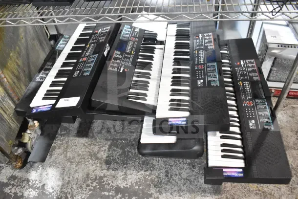 Seven keyboards including Rock Jam RJ640, Casiotone LK-S250, on shelf. Various models; moderate wear. Lot includes 7 keyboards.