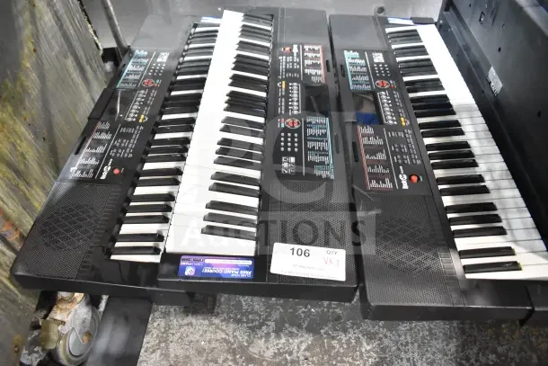 Seven keyboards, including Rock Jam RJ640 and Casiotone LK-S250, black with visible labels and markings, in used condition.