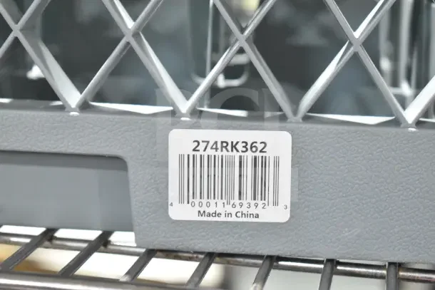 "Brand new scratch and dent Noble Warewashing 36-compartment gray glass rack with two green extenders, model 274RK362."