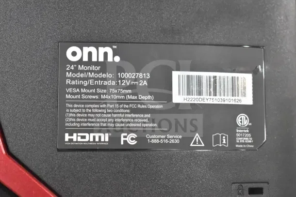 onn. 24" monitor label with model 100027813, VESA mount size 75x75mm, HDMI and FCC compliant, rating 12V--2A.