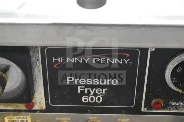 Henny Penny 600 pressure fryer, commercial floor style, natural gas, on casters, 80,000 BTU, control panel visible.