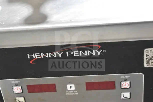 Henny Penny 600 pressure fryer, commercial floor model, natural gas, 80,000 BTU, with control panel and QR code visible.