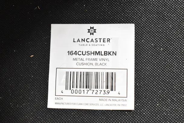 10 Lancaster Boomerang Series black bar stools, black vinyl seats, metal frames. New, scratch and dent condition, labeled 164CUSHMLBKN.