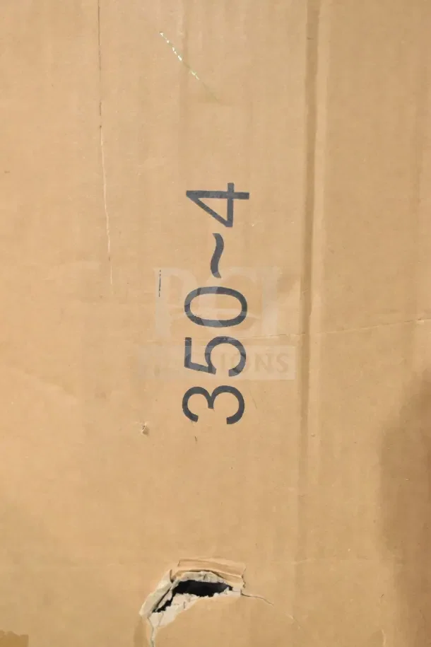 Cardboard box with visible dent and "350-4" marking, packaging for Lavex 503HDTP21BL 500 lb. blue hand truck.