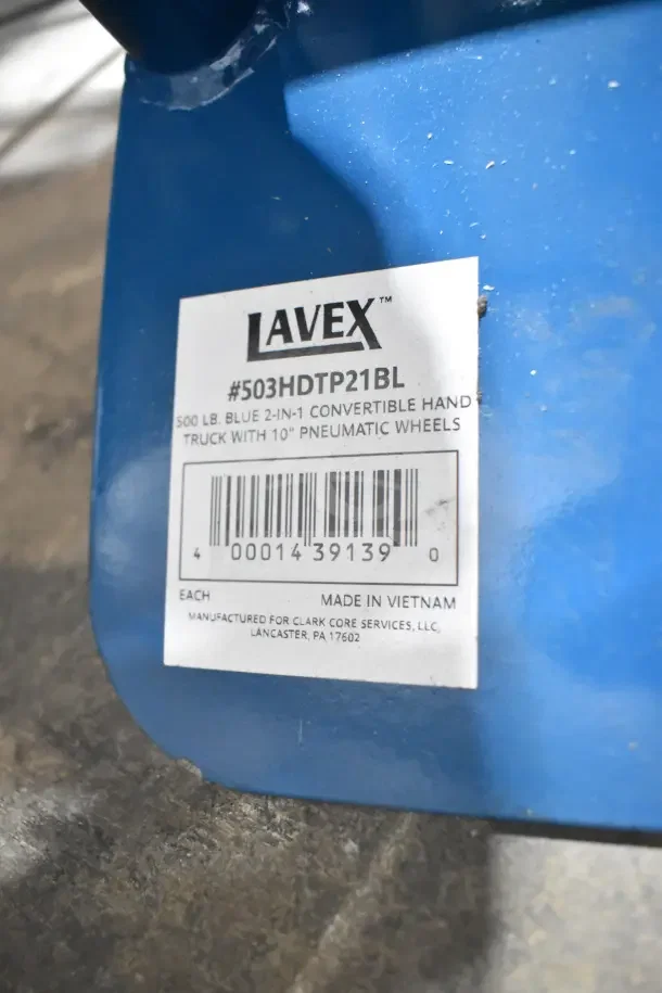BRAND NEW Lavex 503HDTP21BL 500 lb. blue 2-in-1 convertible hand truck, 10" pneumatic wheels, scratch and dent condition.