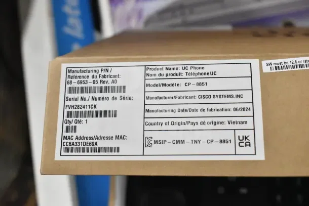 BRAND NEW SCRATCH AND DENT corded office phone, model CP-8851 by Cisco, made in Vietnam, serial FVH282411CK.