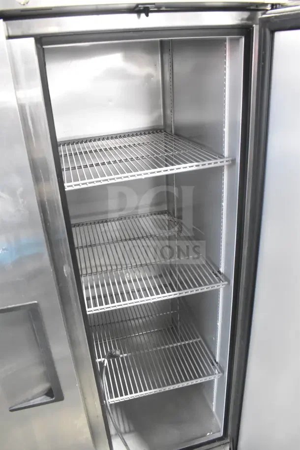 2018 True T-35-HC commercial two-door reach-in cooler, stainless steel interior, on casters, excellent condition.