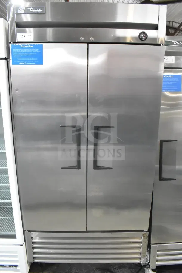 2017 True T-35 Commercial 2 Door Reach In Cooler, on casters, 115 volts, 1 phase, stainless steel finish, excellent condition.