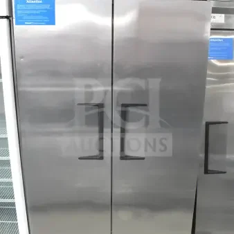 2017 True T-35 Commercial 2 Door Reach In Cooler, on casters, 115 volts, 1 phase, stainless steel finish, excellent condition.