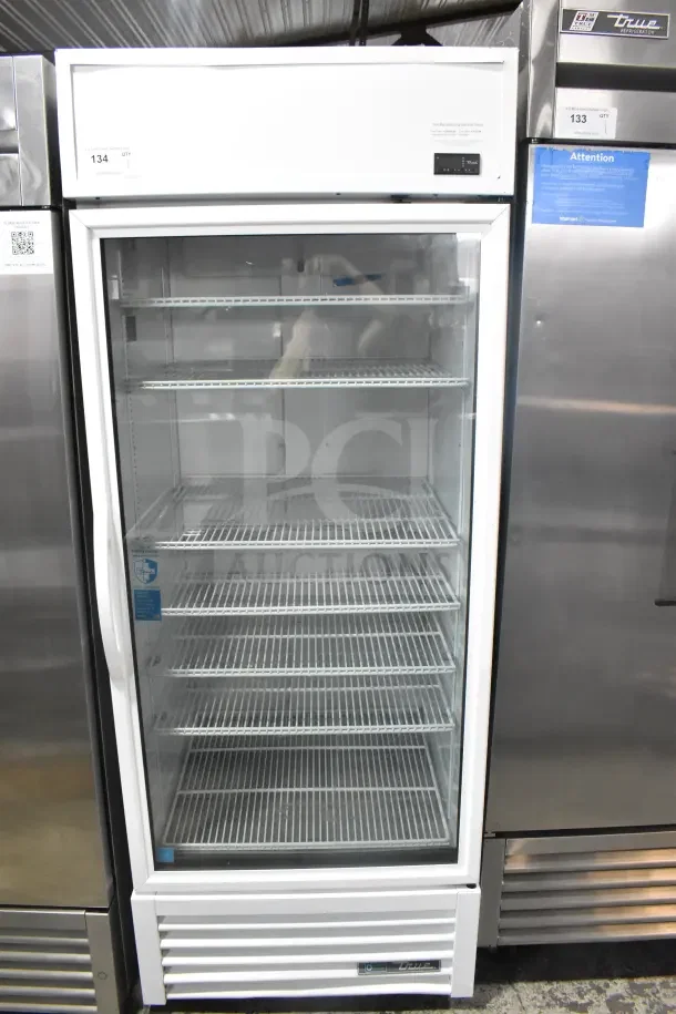 2021 True TSCI-600R-G-PH commercial cooler, single door, glass front, 115V, excellent condition, adjustable shelves.