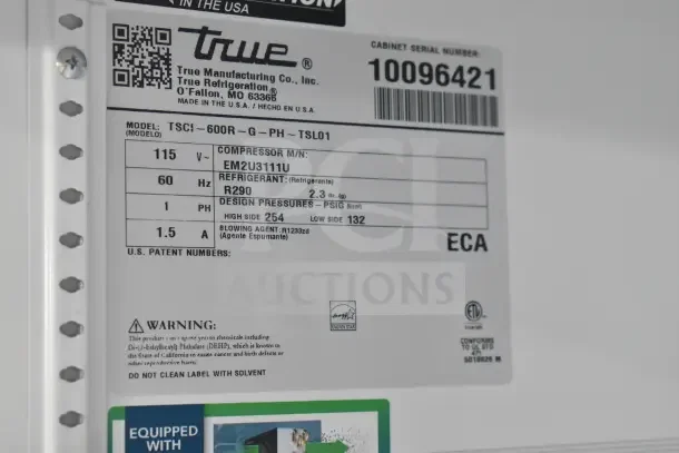 2021 True TSCI-600R-G-PH commercial cooler label showing model, voltage, refrigerant type, and safety warnings.