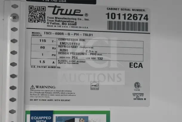 2021 True TSCI-600R-G-PH cooler label, 115V, 1 Phase, uses R290 refrigerant, Energy Star certified, serial 10112674.