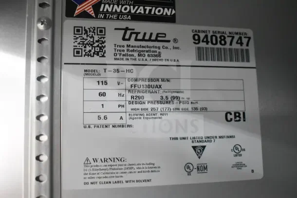 2018 True T-35-HC commercial cooler label, 115 volts, 1 phase, Model T-35-HC, refrigerant R290, UL listed.