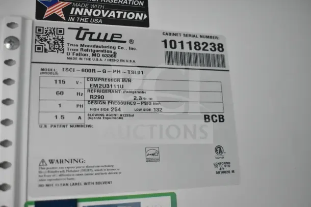 Label of 2021 True TSCI-600R-G-PH Commercial Cooler. Features 115V, R290 refrigerant, and serial number 10118238.