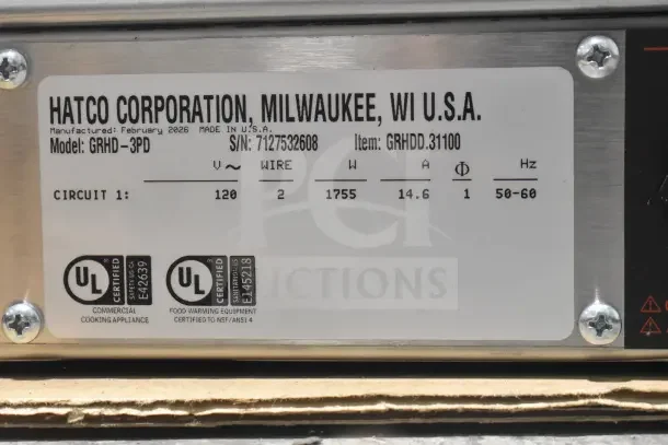 Hatco GRHD-3PD label, Milwaukee USA, details on voltage (120V) and certification marks; model for food warming.